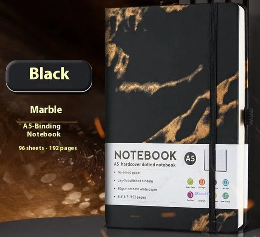 A5 skin feeling PU leather diary with strap closure and horizontal line pages in marble black colour