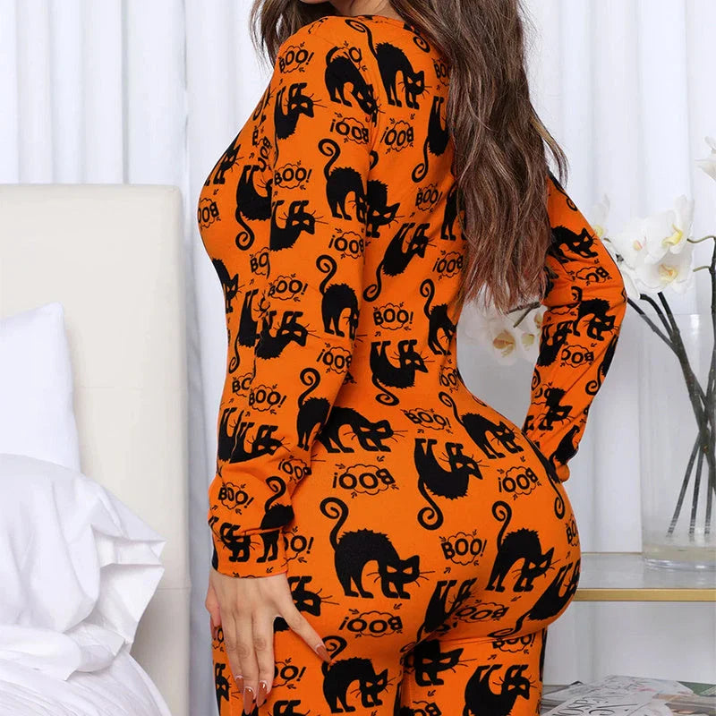 Spooktacular Halloween jumpsuit with unique printed design and relaxed, comfortable fit