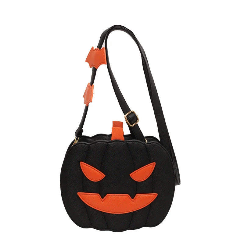 Stylish Halloween crossbody bag with pumpkin cartoon and bat design, available in multiple vibrant colors