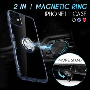 iPhone 11 Pro Max case with car holder arm in navy blue, showing PU material and button access.