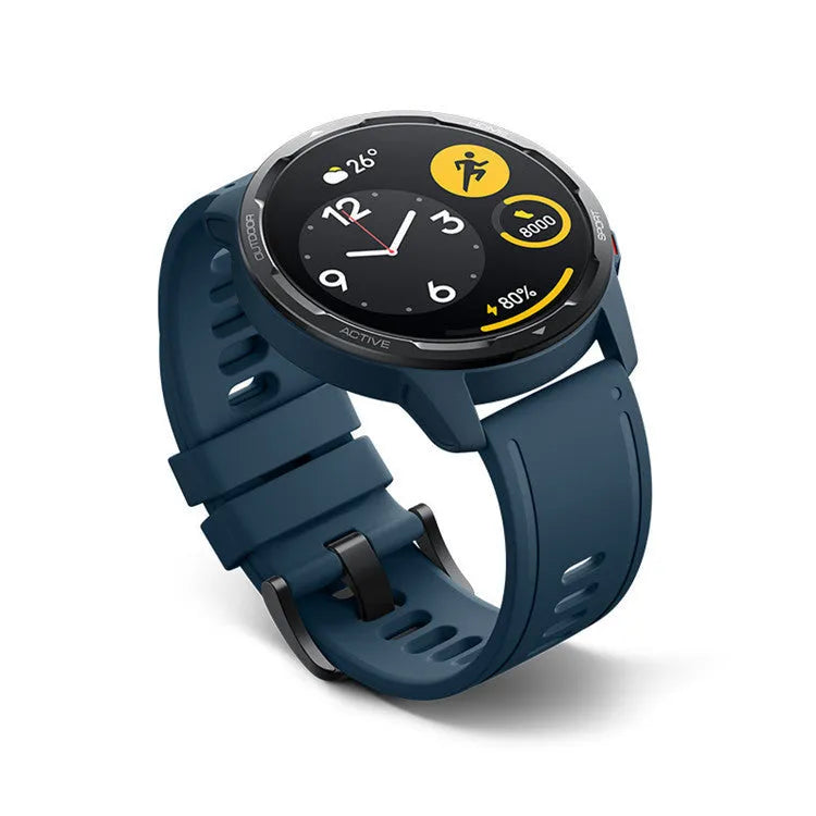 Dual-band GPS smart watch with a 1.43-inch screen in black, white, or blue silicone strap colours.