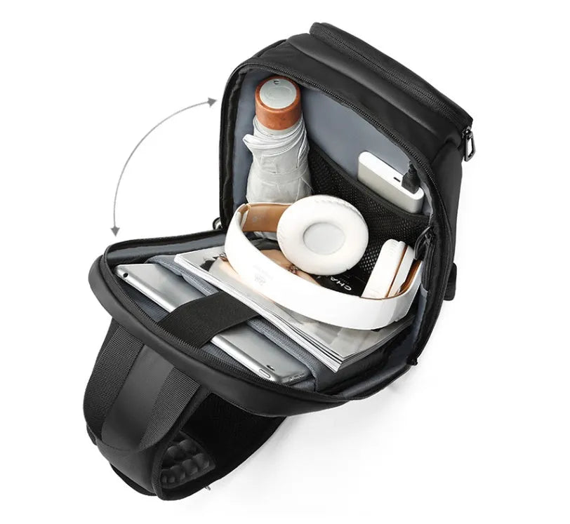 Black outdoor leisure shoulder bag with air cushion strap and multiple internal compartments