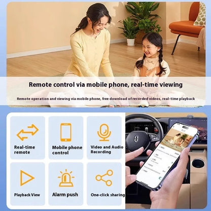 White wireless indoor security camera with built-in bracket on a shelf.