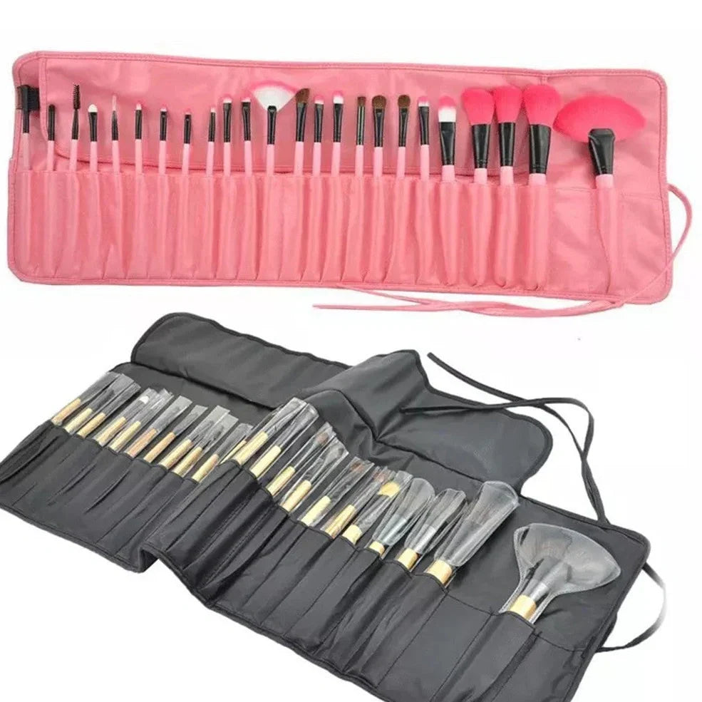 24 black makeup brushes with wooden handles and rayon bristles arranged in set