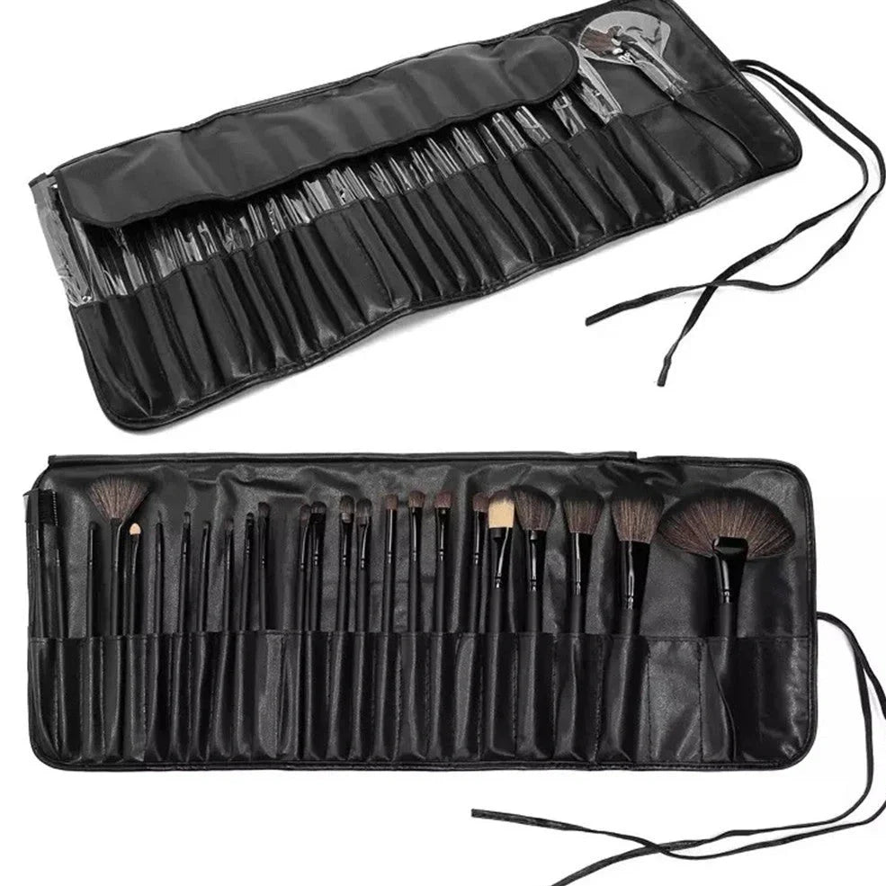24 black makeup brushes with wooden handles and rayon bristles arranged in set
