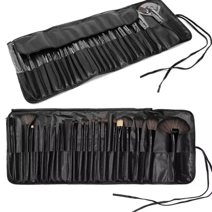 24 black makeup brushes with wooden handles and rayon bristles arranged in set