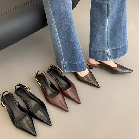 Pointed toe leather shoes with thin straps and low heel in four colour options