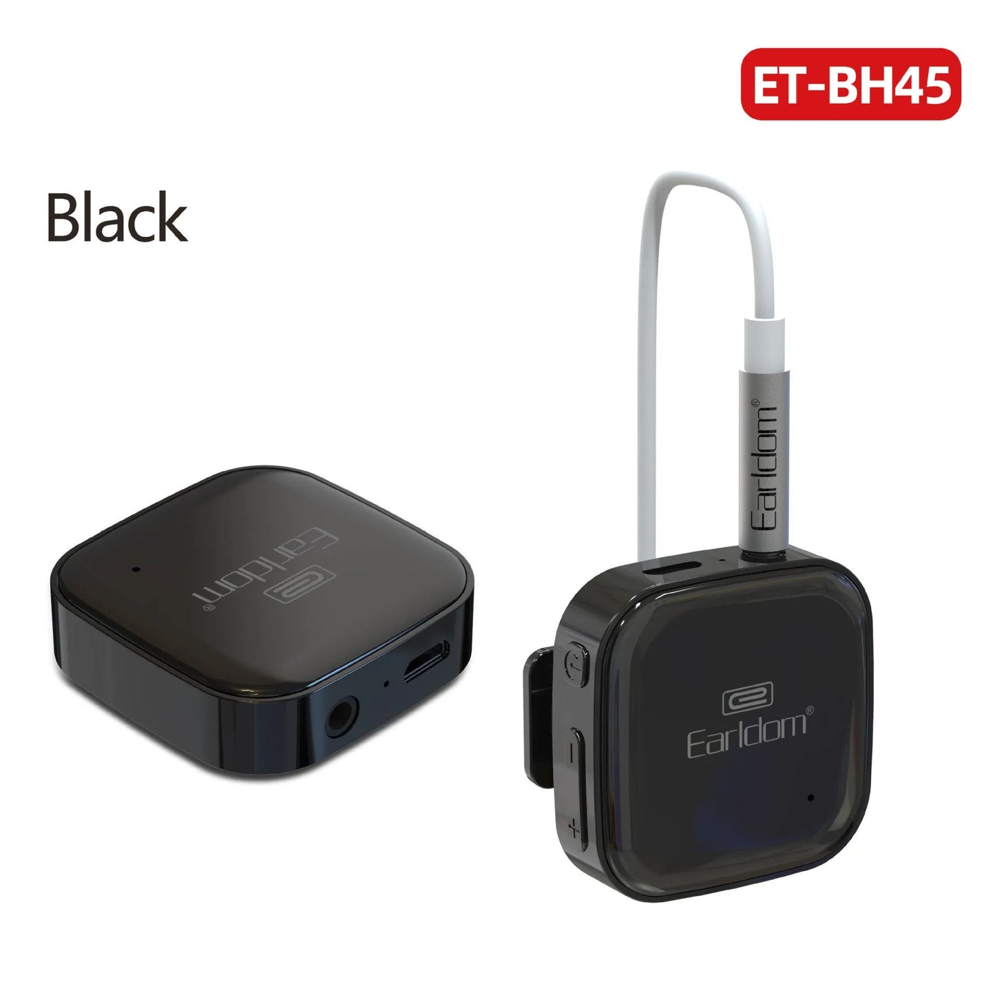 Bluetooth audio receiver with lavalier clip for running headphones in black, grey, or red