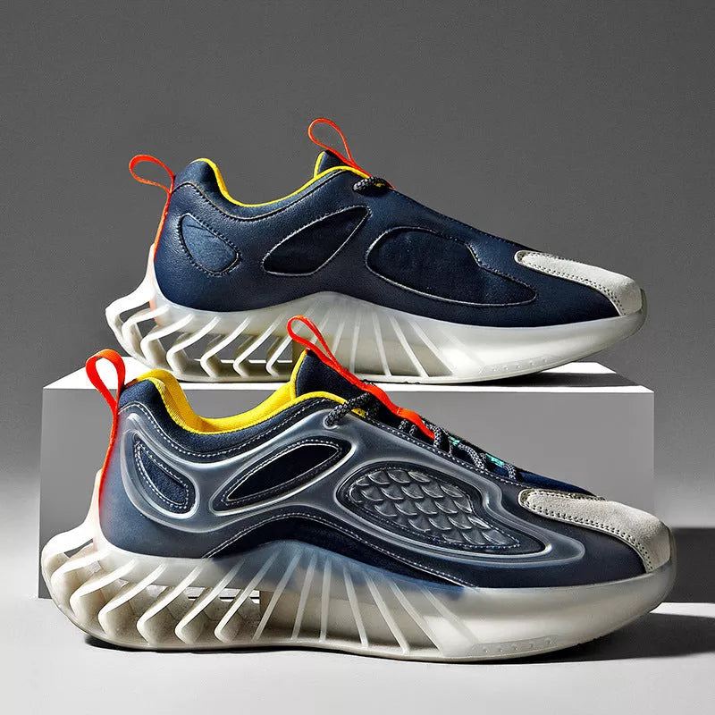 Large size blade men's running shoes with hollow out design in white, black, and blue orange