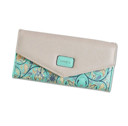 Three-fold leather wallet with buckle closure showing black colour variant, note clip visible inside compartment