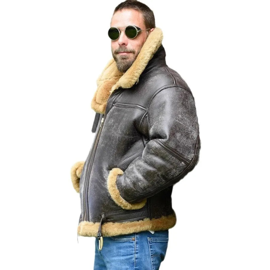 Men's brown retro synthetic leather fur coat with side pockets, shown as winter outerwear.