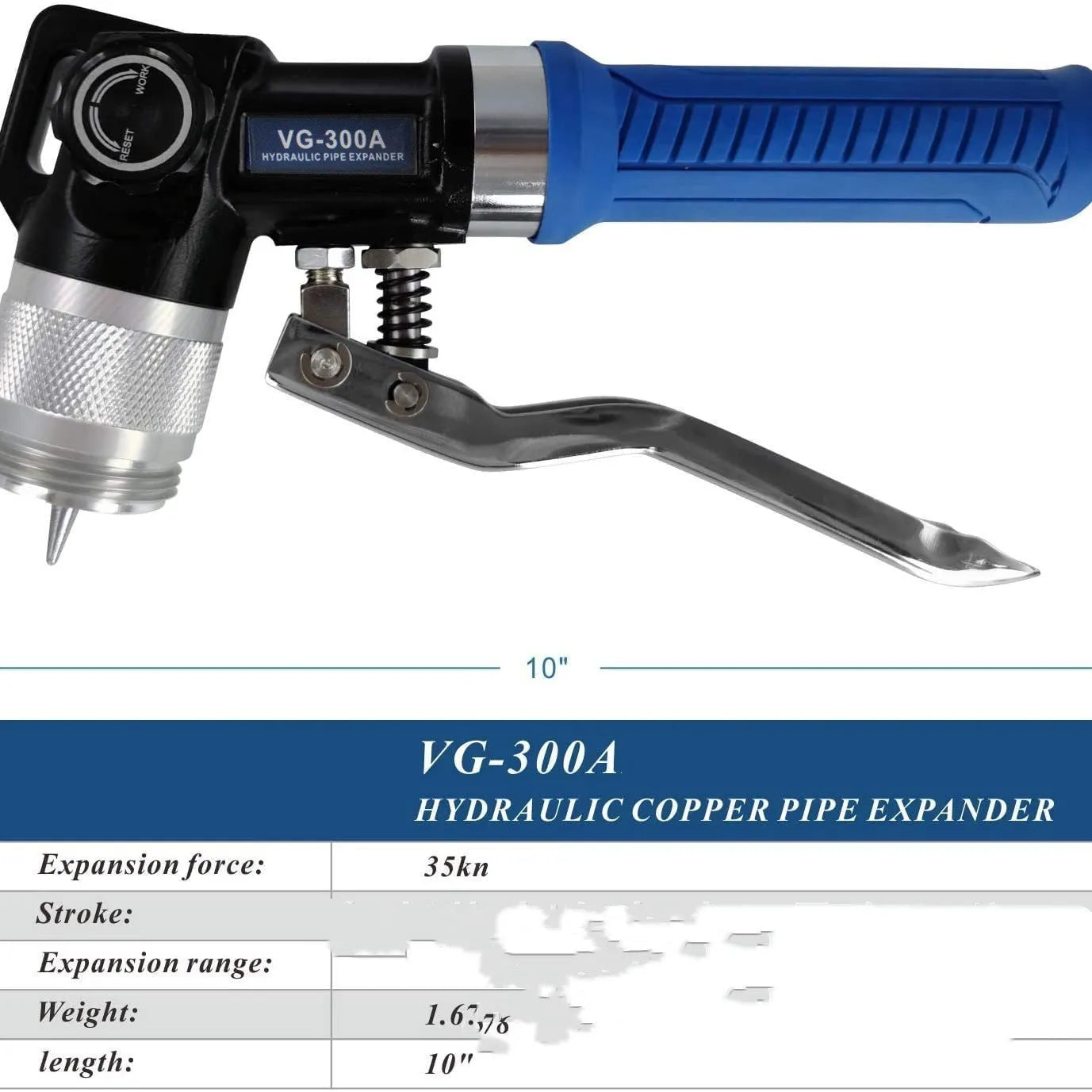 Hydraulic tube expander tool with VG-300 style alloy steel body for flaring copper refrigeration pipes.