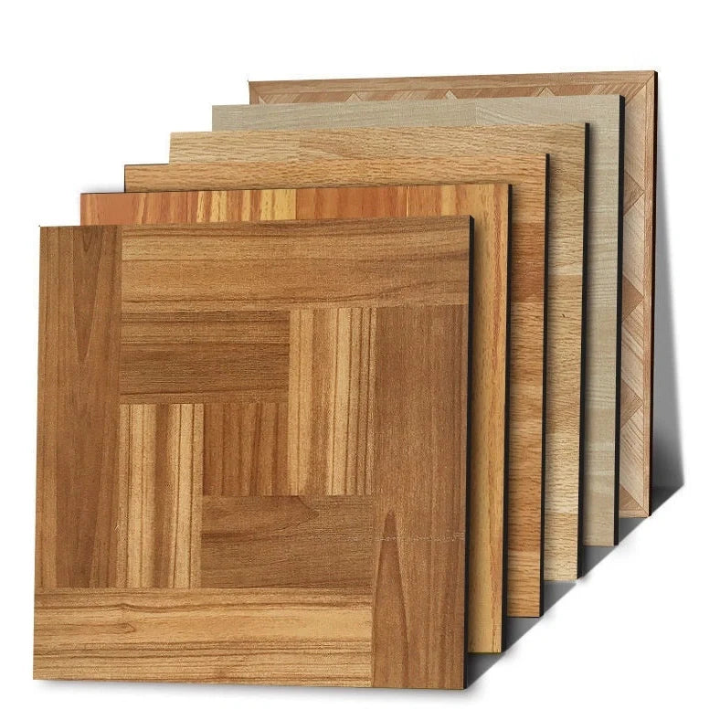 Self-adhesive vinyl flooring tile showing 30cm x 30cm dimensions with peel-and-stick backing visible