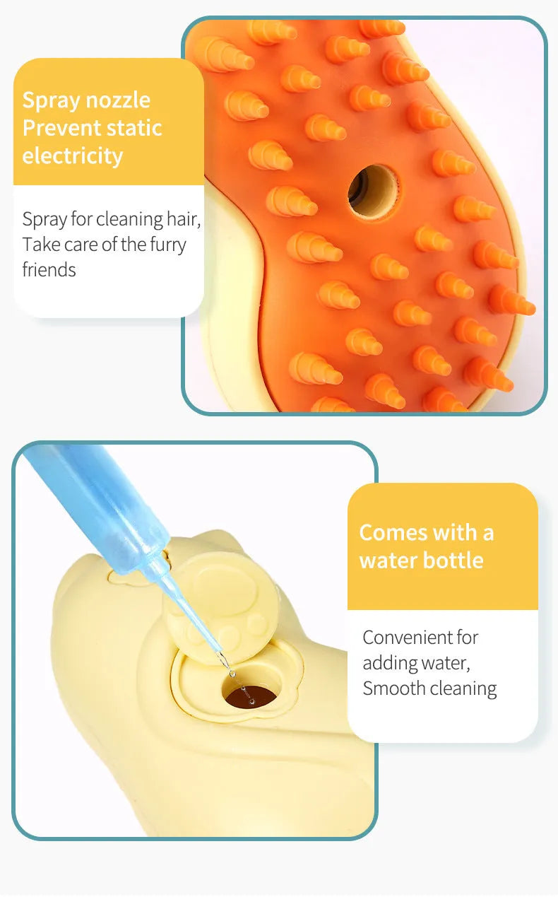 Yellow electric pet grooming brush with silicone bristles for massage and cleaning