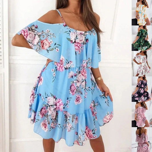 Women's flower printed ruffled suspender dress with off-the-shoulder strap in various colors