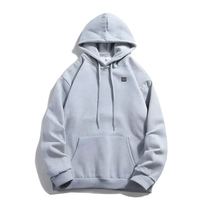 USB heated hoodie in black or grey, polyester, sizes M to 3XL, with included power bank for winter outdoor warmth.
