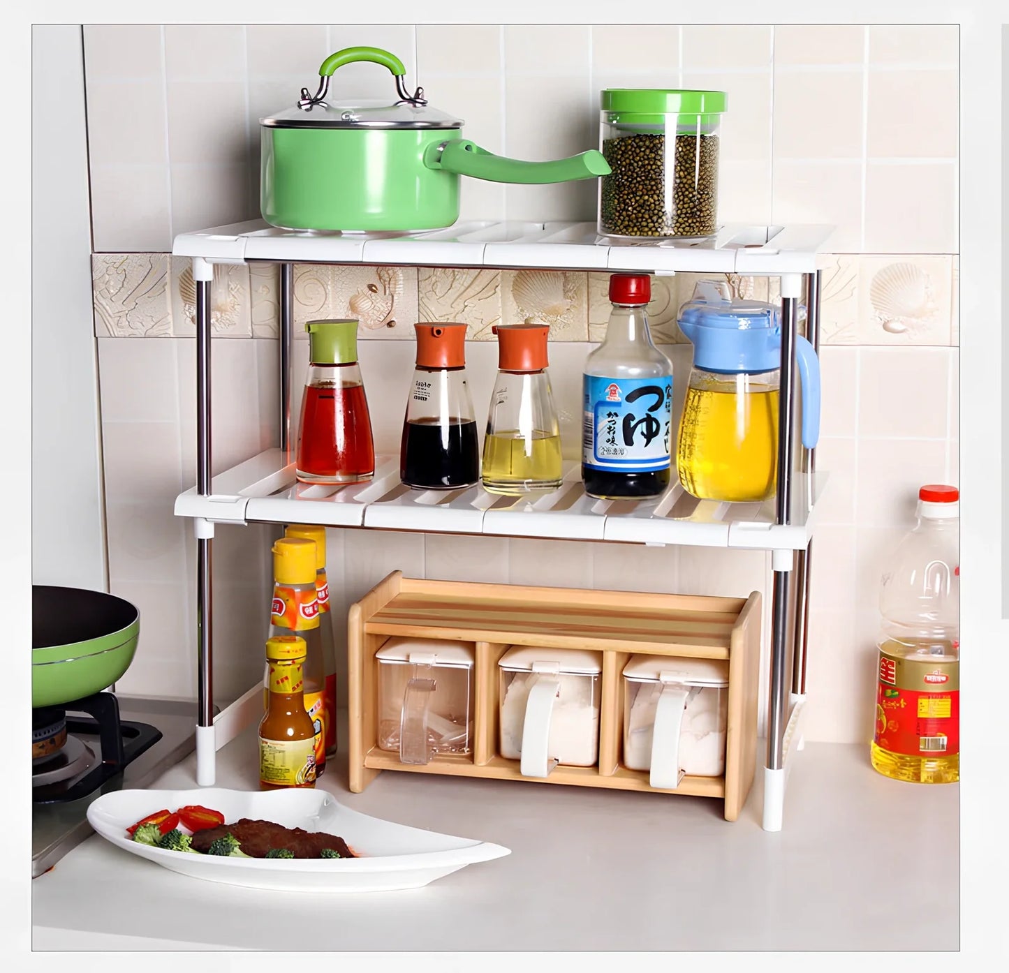 White retractable kitchen shelf with two tiers and adjustable length from 36cm to 70cm