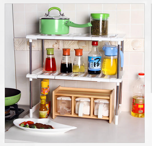 White retractable kitchen shelf with two tiers and adjustable length from 36cm to 70cm
