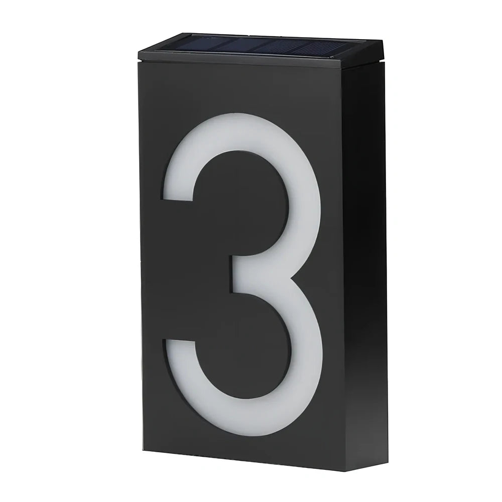 Solar powered house number with LED illumination showing waterproof construction and concealed mounting