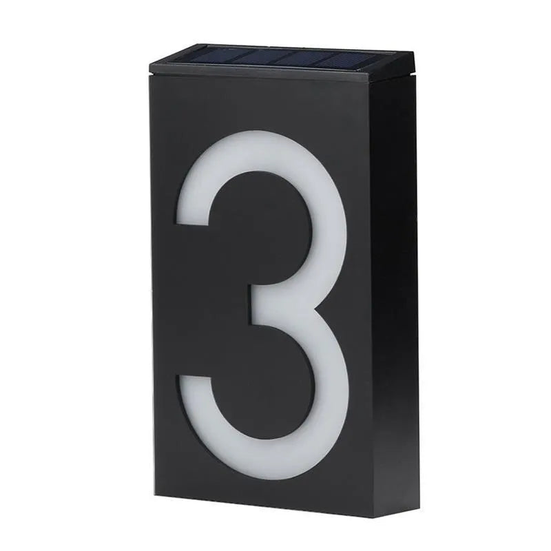Solar-powered house number light with 6 LED illumination and concealed wall-mounting design