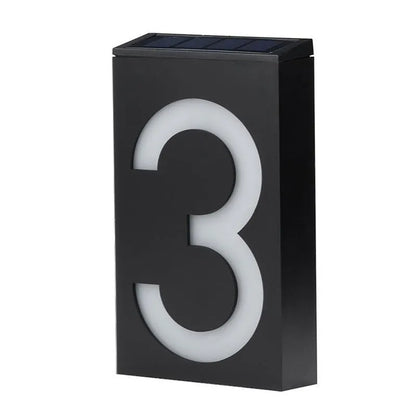 Solar-powered house number light with 6 LED illumination and concealed wall-mounting design
