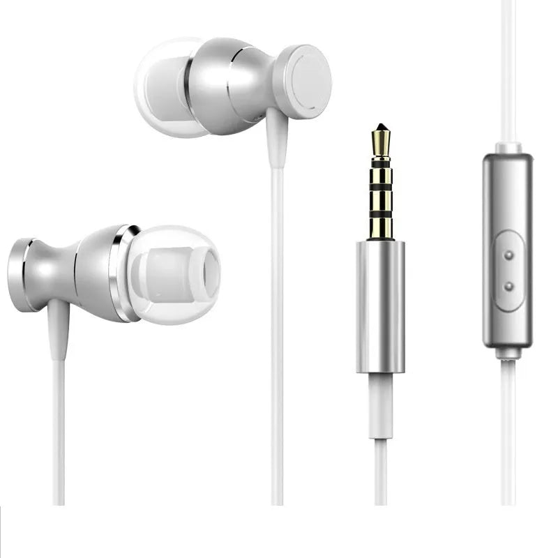 Universal in-ear subwoofer headphones with straight 3.5mm plug in black, gold, rose gold, and silver colour options.