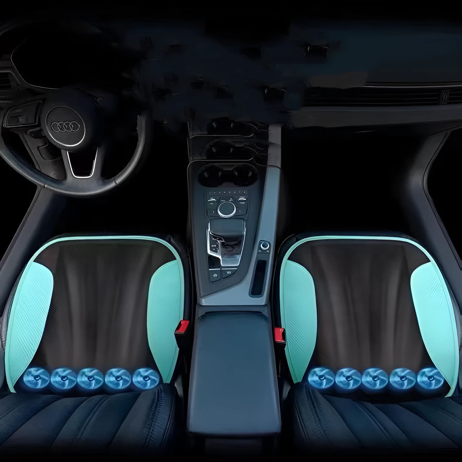 USB ventilated car seat cushion in black suede with leather trim, showing integrated cooling fans and power cable