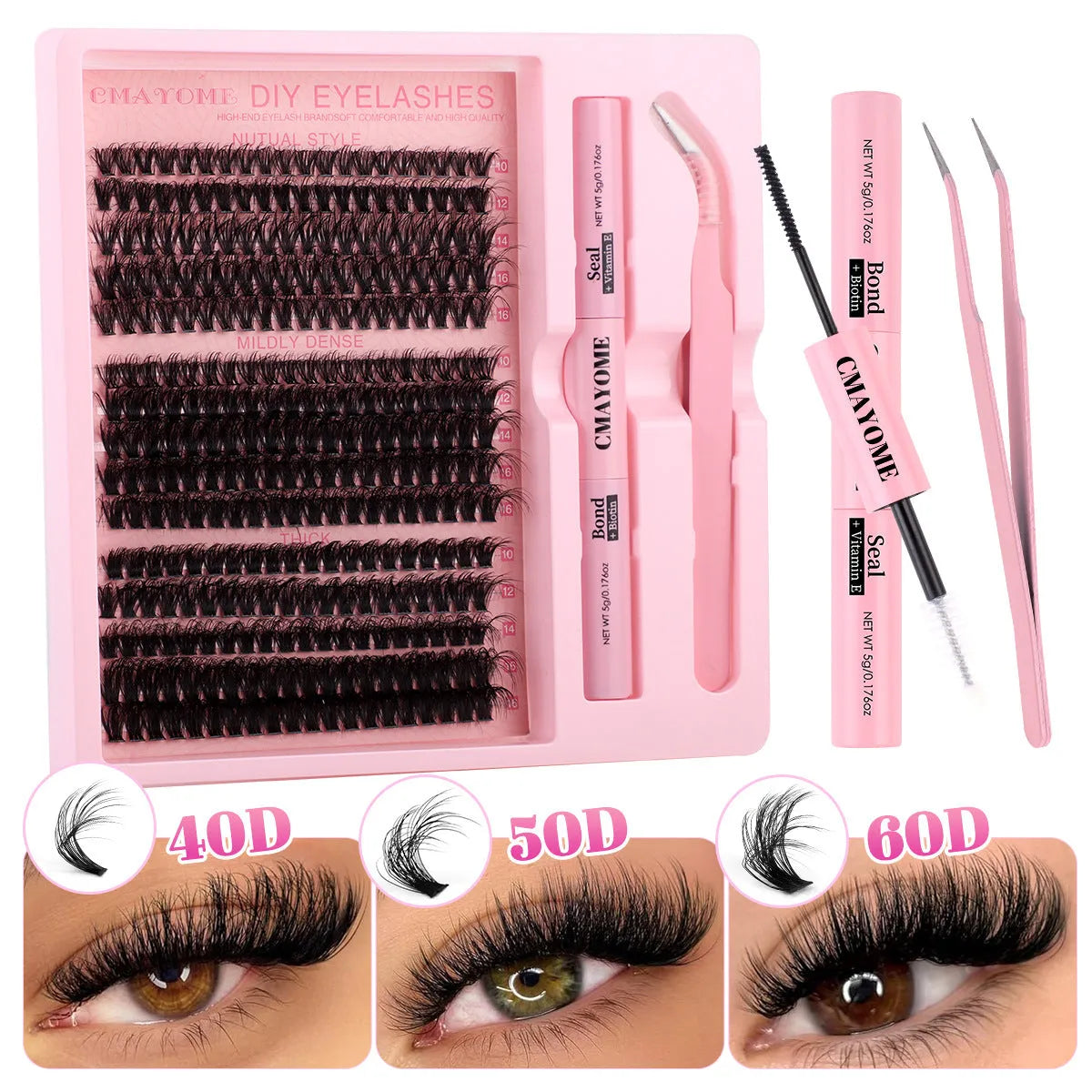 DIY false eyelash extension kit showing single clusters, tweezers, and DIYSET402/403 options on a pink background.