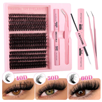 DIY false eyelash extension kit showing single clusters, tweezers, and DIYSET402/403 options on a pink background.