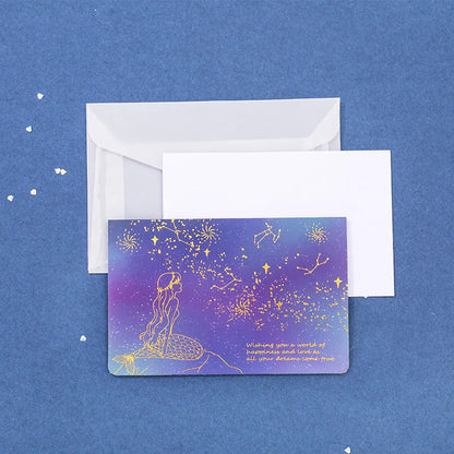 Set of three bronzing detail greeting card envelopes in cosmic colours, showing mermaid style fold.