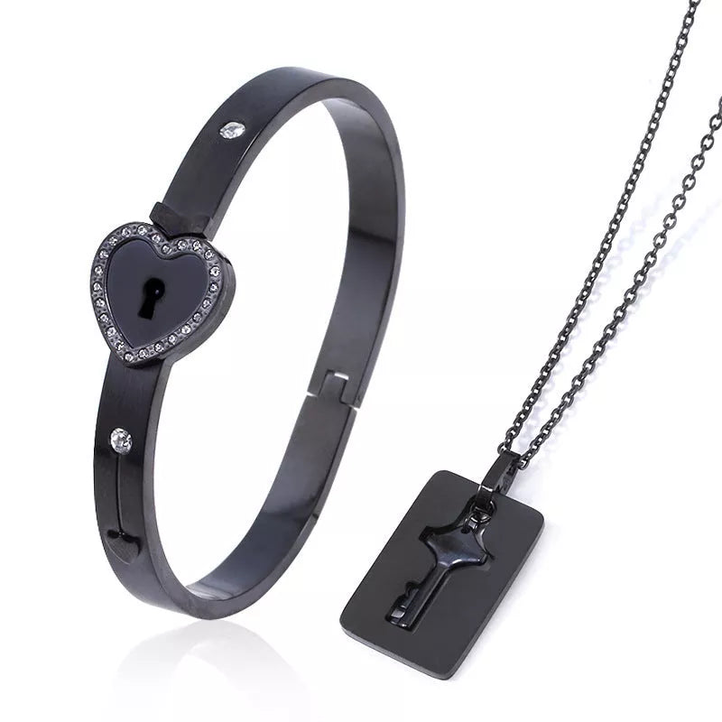 Titanium Steel Couple Love Lock Bracelet and Key Set in various colors