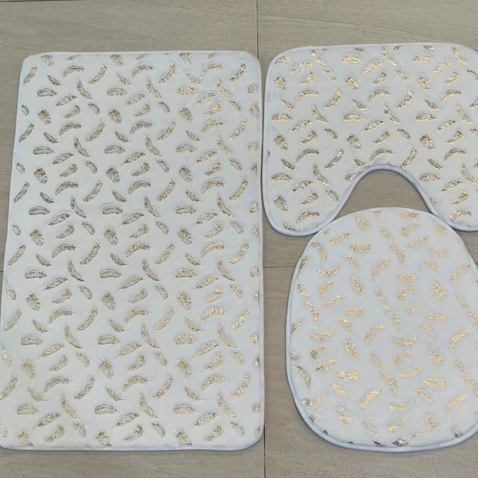 Three piece marbled foiled bathroom rug set with gold stamping feather pattern in four colour options