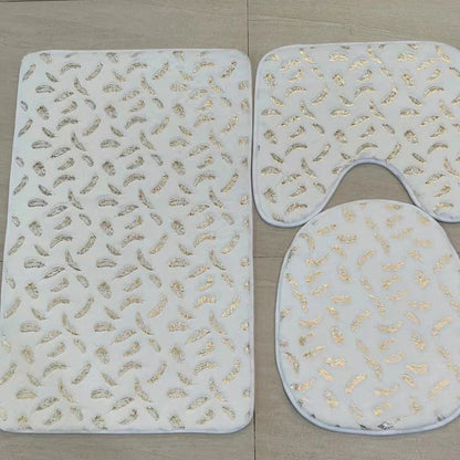 Three piece marbled foiled bathroom rug set with gold stamping feather pattern in four colour options