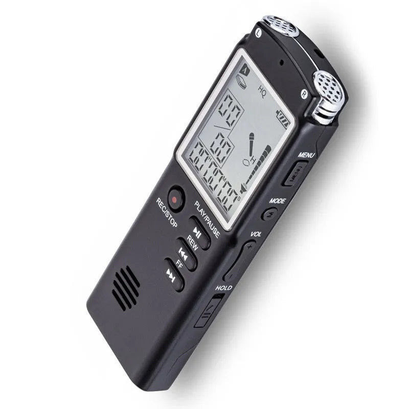 Original USB professional voice recorder with dimensions 3.8 x 1.3 x 0.47 inches, showing microphone inputs and display
