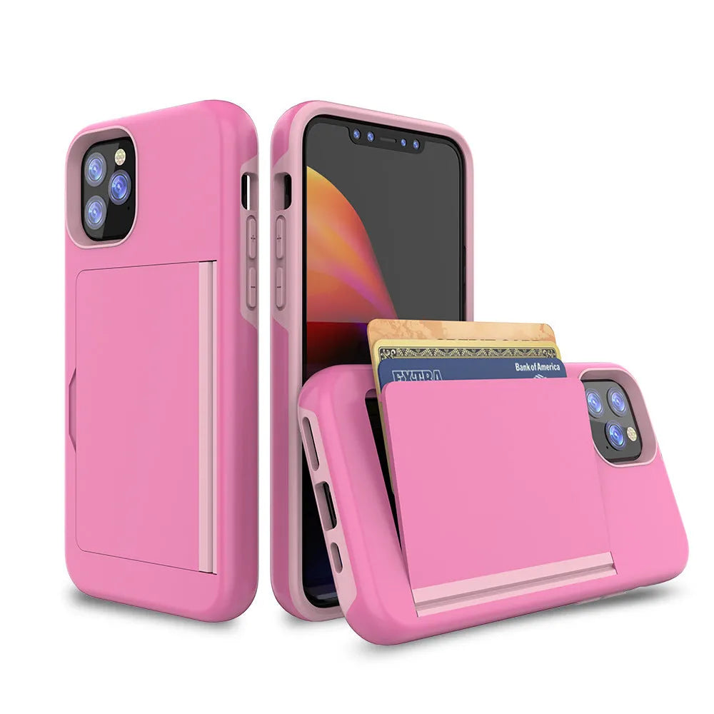 iPhone 11 mobile phone shell in six solid colours showing TPU+PC construction and precise model fit