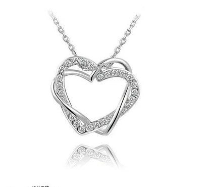 Customized double diamond heart necklace and earring set in gold or silver finish