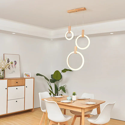 White wooden ring LED lamp with adjustable height mechanism and fishing line chandelier design