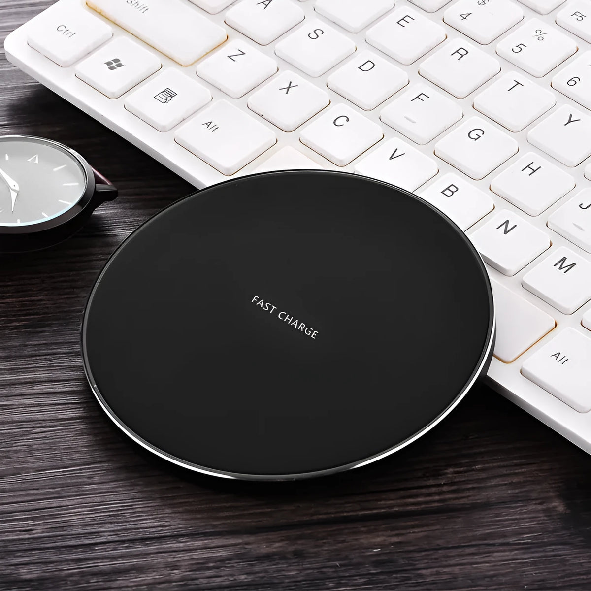 Ultra-slim square wireless charging pad in black, red, white, or yellow colour options.