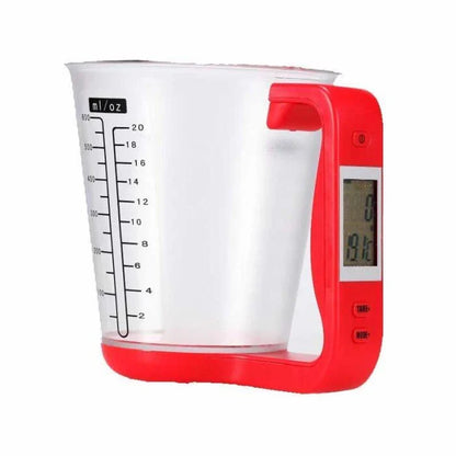 Digital kitchen scale with measuring cup, weight and temperature display