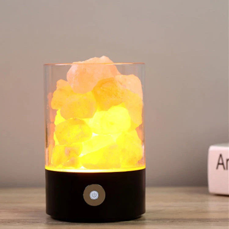 Himalayan salt lamp with warm, soothing glow and color-changing capabilities for air purification and relaxation