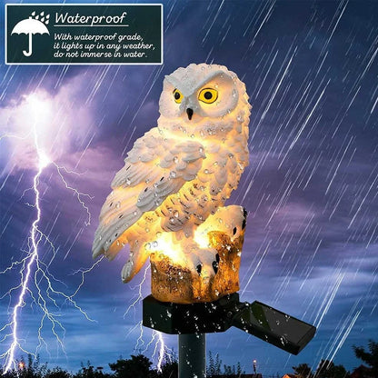 Solar owl garden light with realistic design standing 45cm tall, featuring LED illumination and solar panel