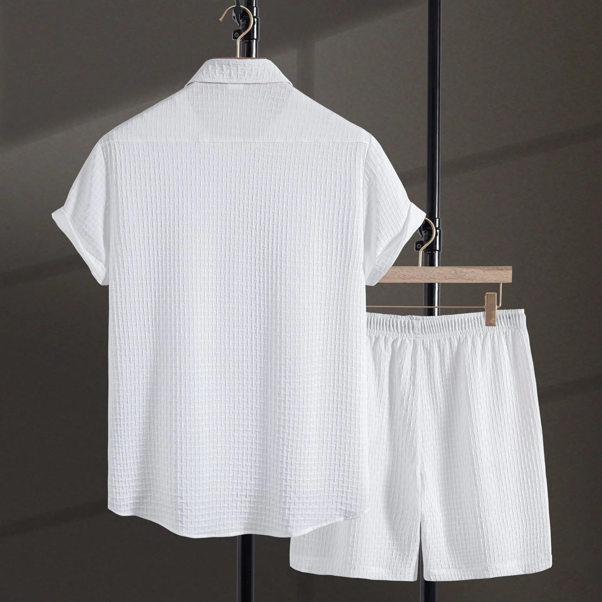 Men's black cotton blend short sleeve shirt and matching shorts set for summer beach wear