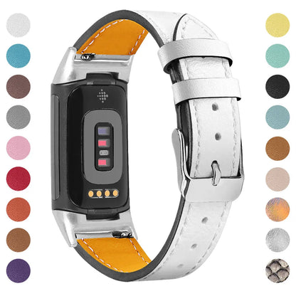 Genuine leather strap for Fitbit charge5 and charge6 in selected colour with adjustable buckle showing 5.5-8.1 inch length