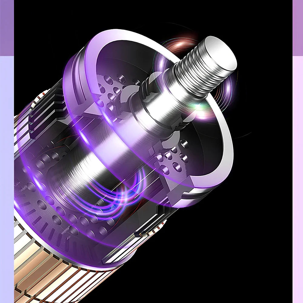Gradient leafless hair dryer with blue light display and two nozzle attachments