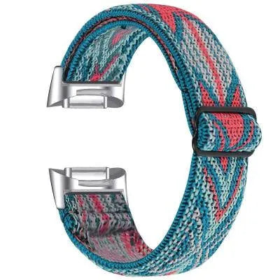 Printed elastic watch strap for Fitbit Charge 6 with adjustable sizing and multiple colour options