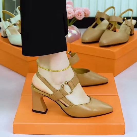 Women's closed toe sandals with chunky heel in pigskin leather, available in black, milky white, and apricot