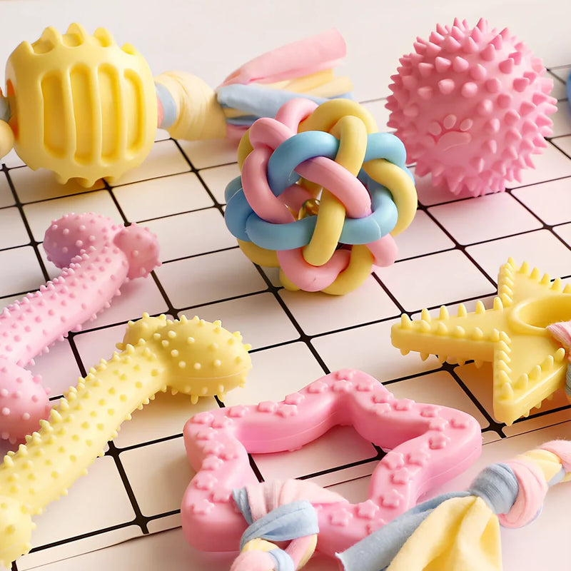 Non-toxic rubber dog training toy with surface particle design that cleans teeth during chewing, available in multiple shapes including star, ring and ball for variety