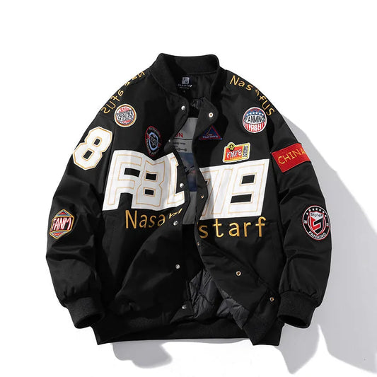 American motorcycle baseball uniform jacket with removable hood and side seam pockets in black colour