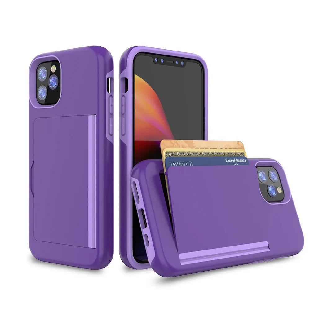 iPhone 11 mobile phone shell in six solid colours showing TPU+PC construction and precise model fit