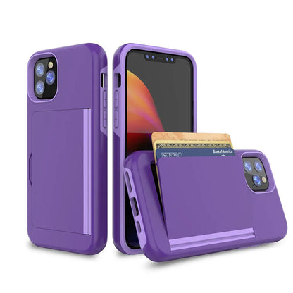 iPhone 11 mobile phone shell in six solid colours showing TPU+PC construction and precise model fit